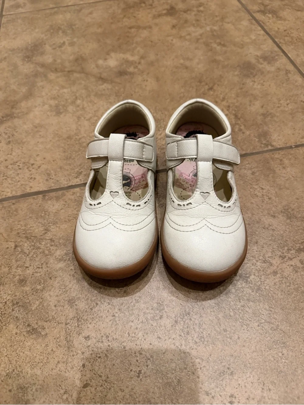 Livie & Luca White T-Strap Mary Jane Shoes with Tan Sole
